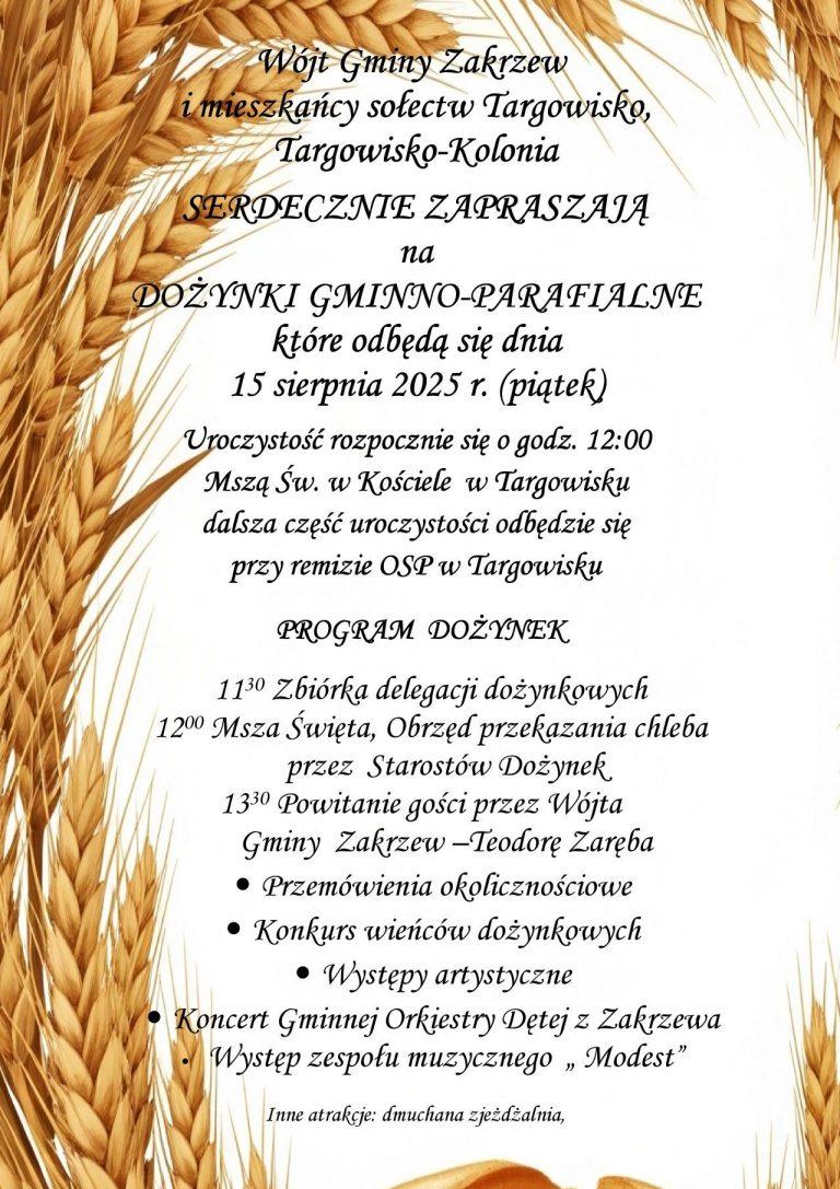 Plakat Dożynki Gminno-Parafialne w Targowisku