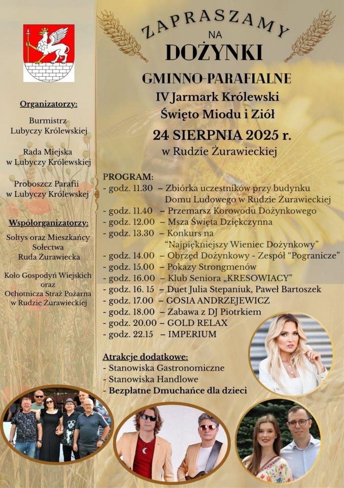 Plakat Dożynki Gminno-Parafialne 2025 oraz IV Jarmark Królewski „Miód i Zioła”