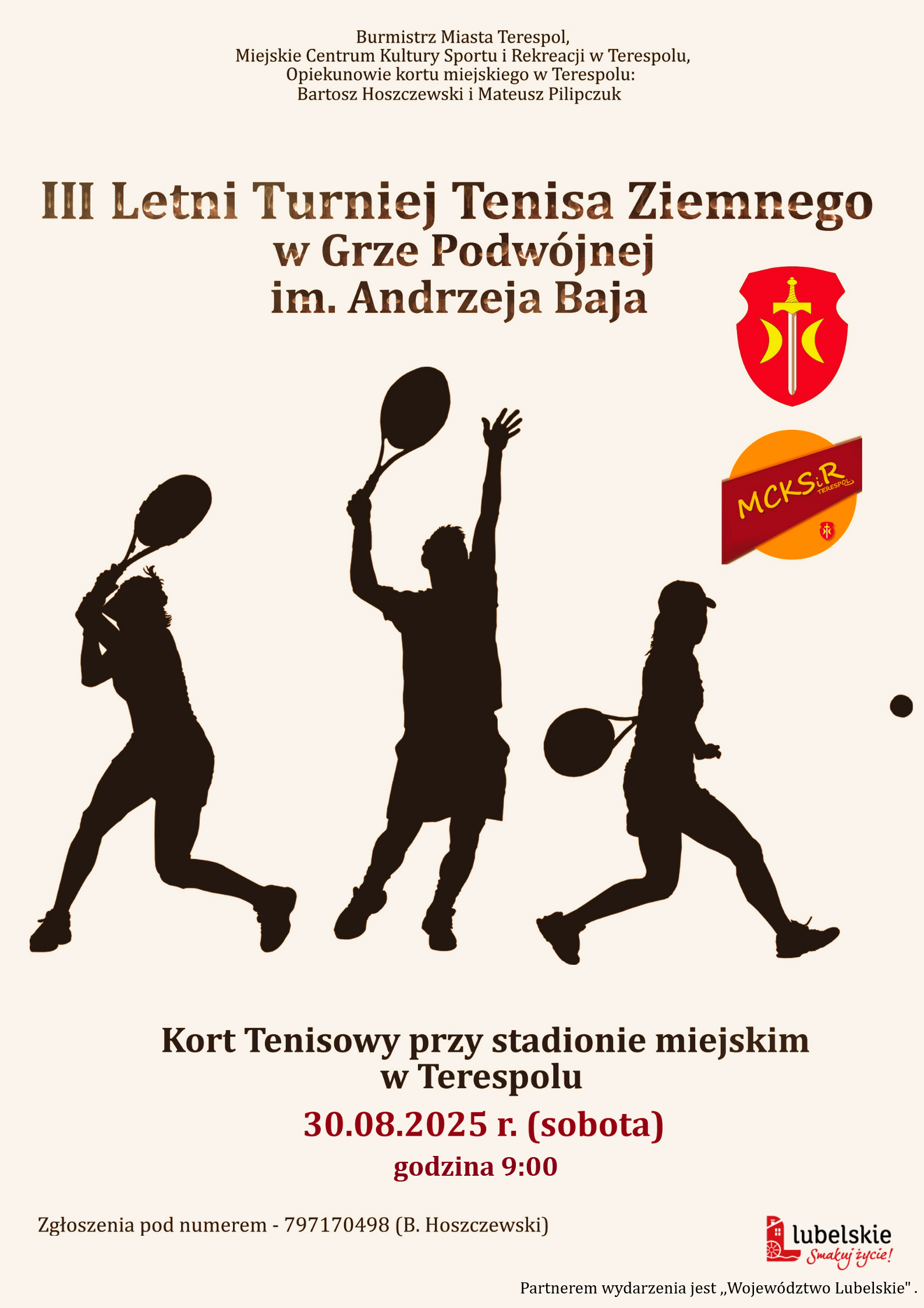 Plakat III Letni Turniej Tenisa Ziemnego w Grze Podwójnej im. Andrzeja Baja