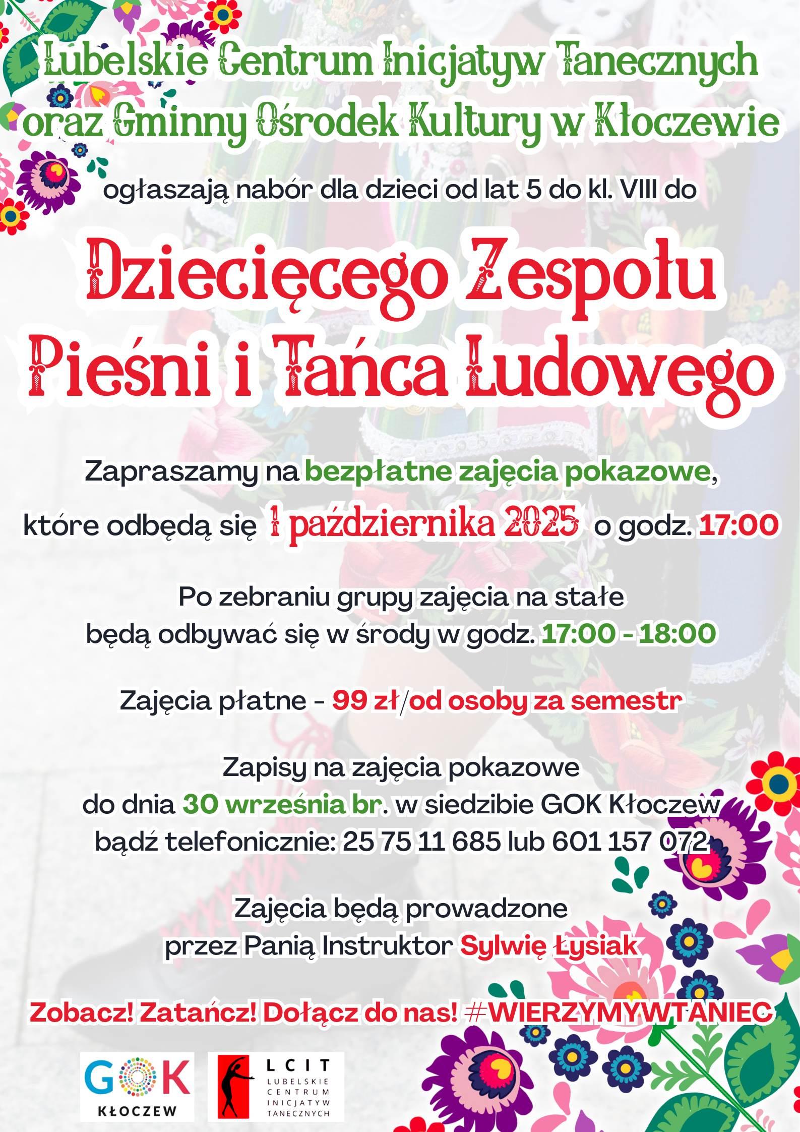 Plakat Zajęcia Dziecięcego Zespołu Pieśni i Tańca Ludowego w Kłoczewie
