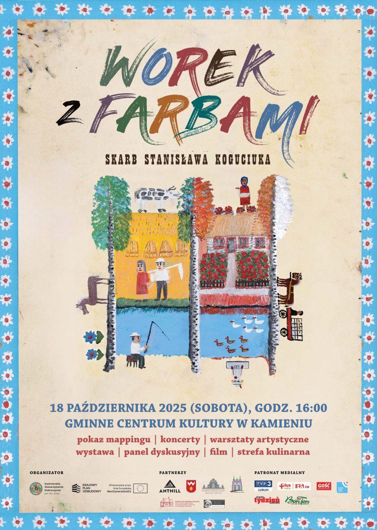 Plakat „Worek z farbami – Skarb Stanisława Koguciuka”: Projekt łączłcy tradycję sztuki ludowej z multimediami i edukacją.