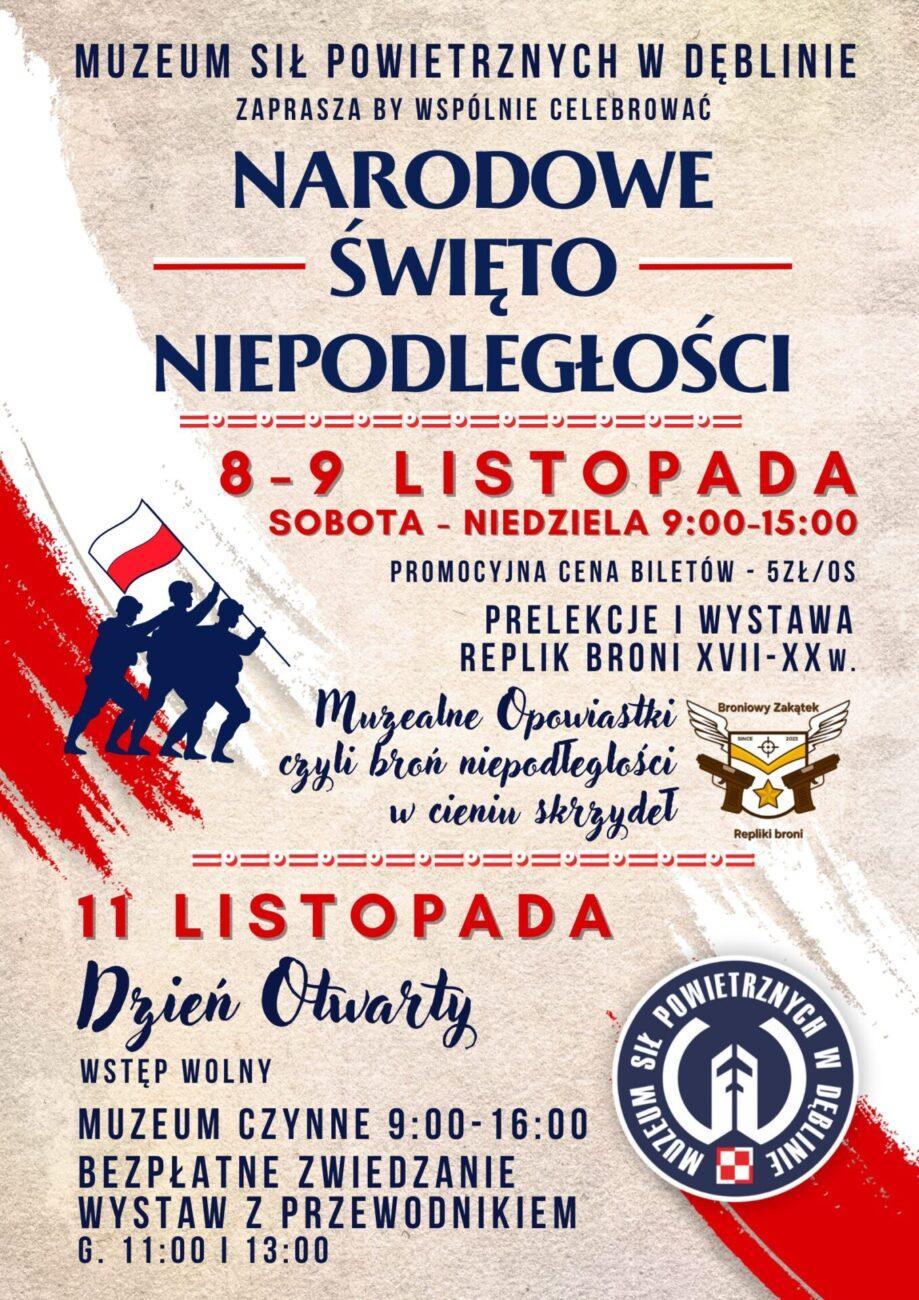 Plakat Obchody Narodowego Święta Niepodległości w Muzeum Sił Powietrznych w Dęblinie 08-11.11.2025r