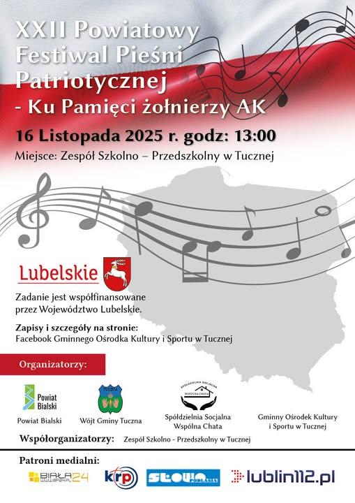 Plakat XXII Powiatowy Festiwal Pieśni Patriotycznej w Tucznej  Ku Pamięci Żołnierzy AK