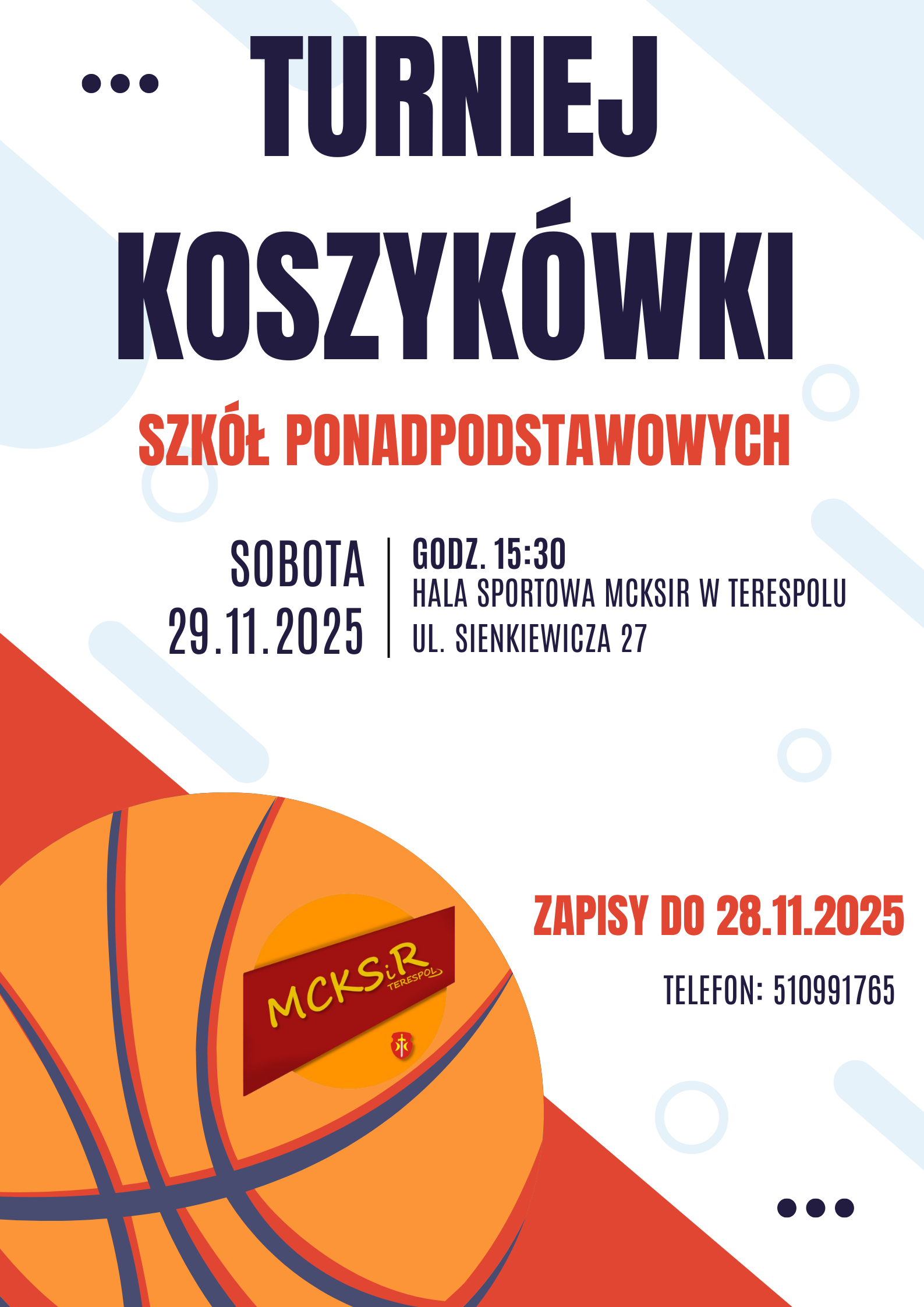 Plakat Turniej koszykówki szkół ponadpodstawowych w Terespolu