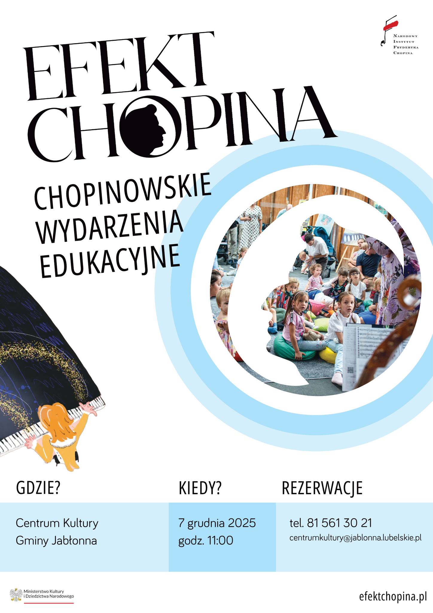Plakat Spotkanie edukacyjne w ramach programu "Efekt Chopina"w gminie Jabłonna