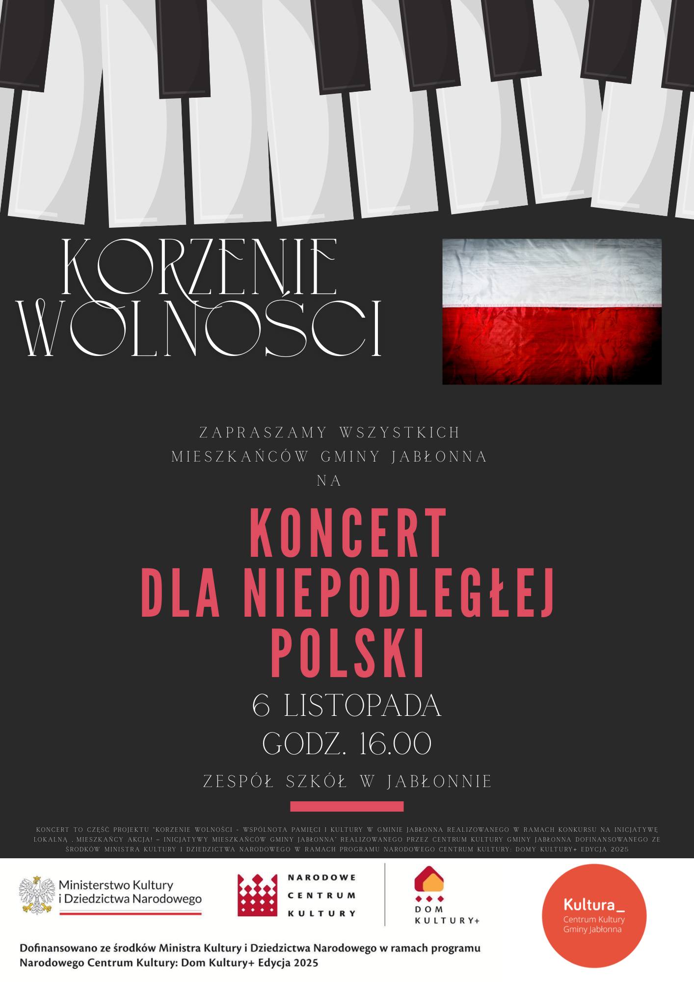 Plakat Koncert dla Niepodległej w Gminie Jabłonna