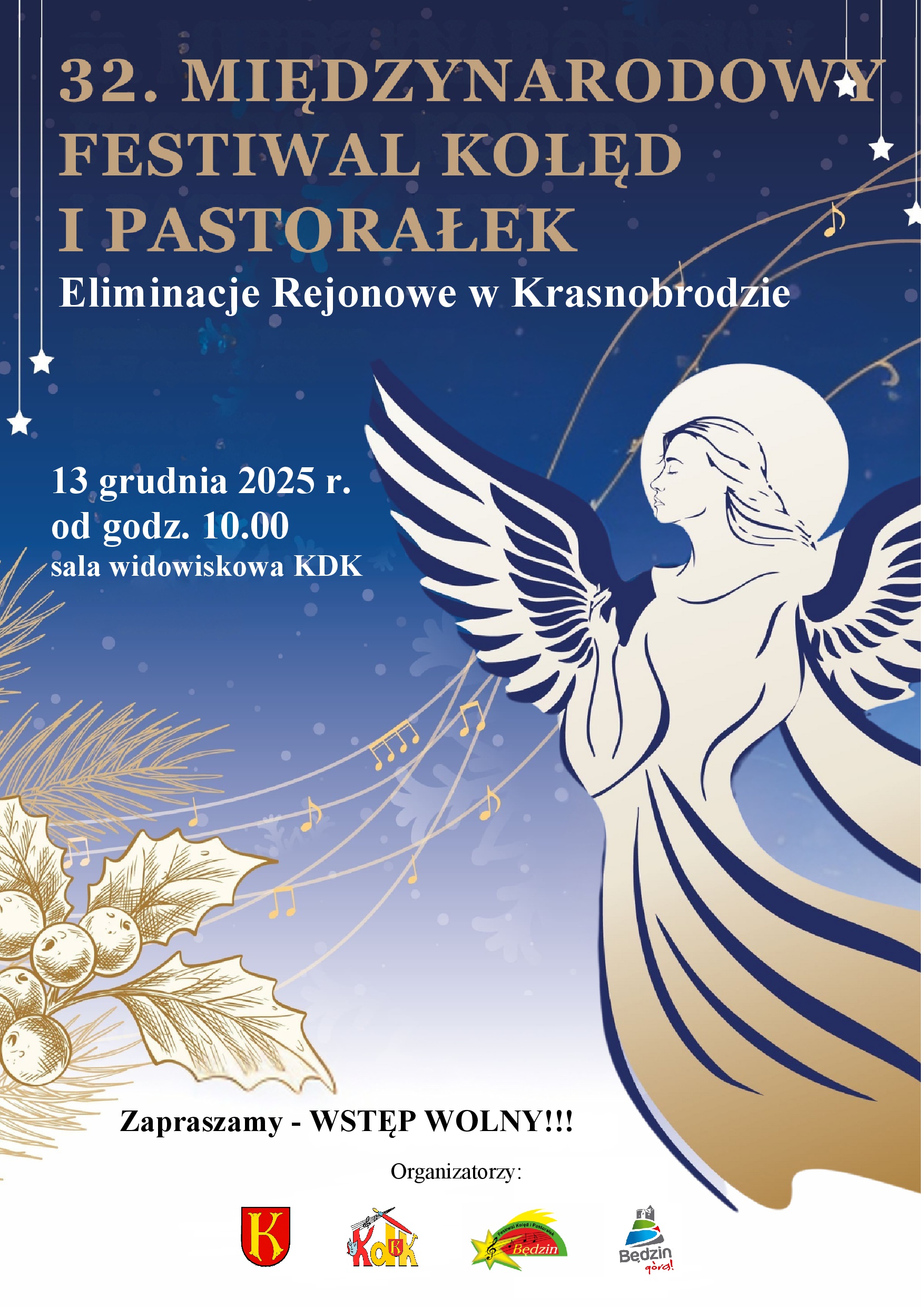 Plakat ELIMINACJE REJONOWE DO 32. MIĘDZYNARODOWEGO FESTIWALU KOLĘD i PASTORAŁEK BĘDZIN 2026
