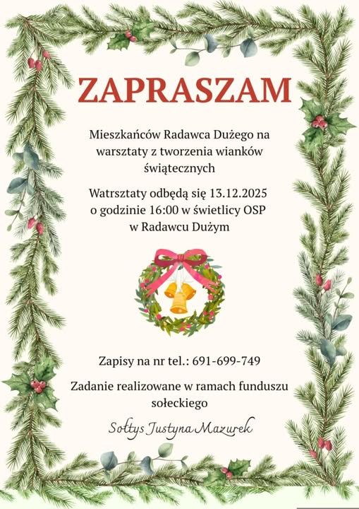 Plakat Warsztaty z tworzenia wianków świątecznych w Radawcu Dużym