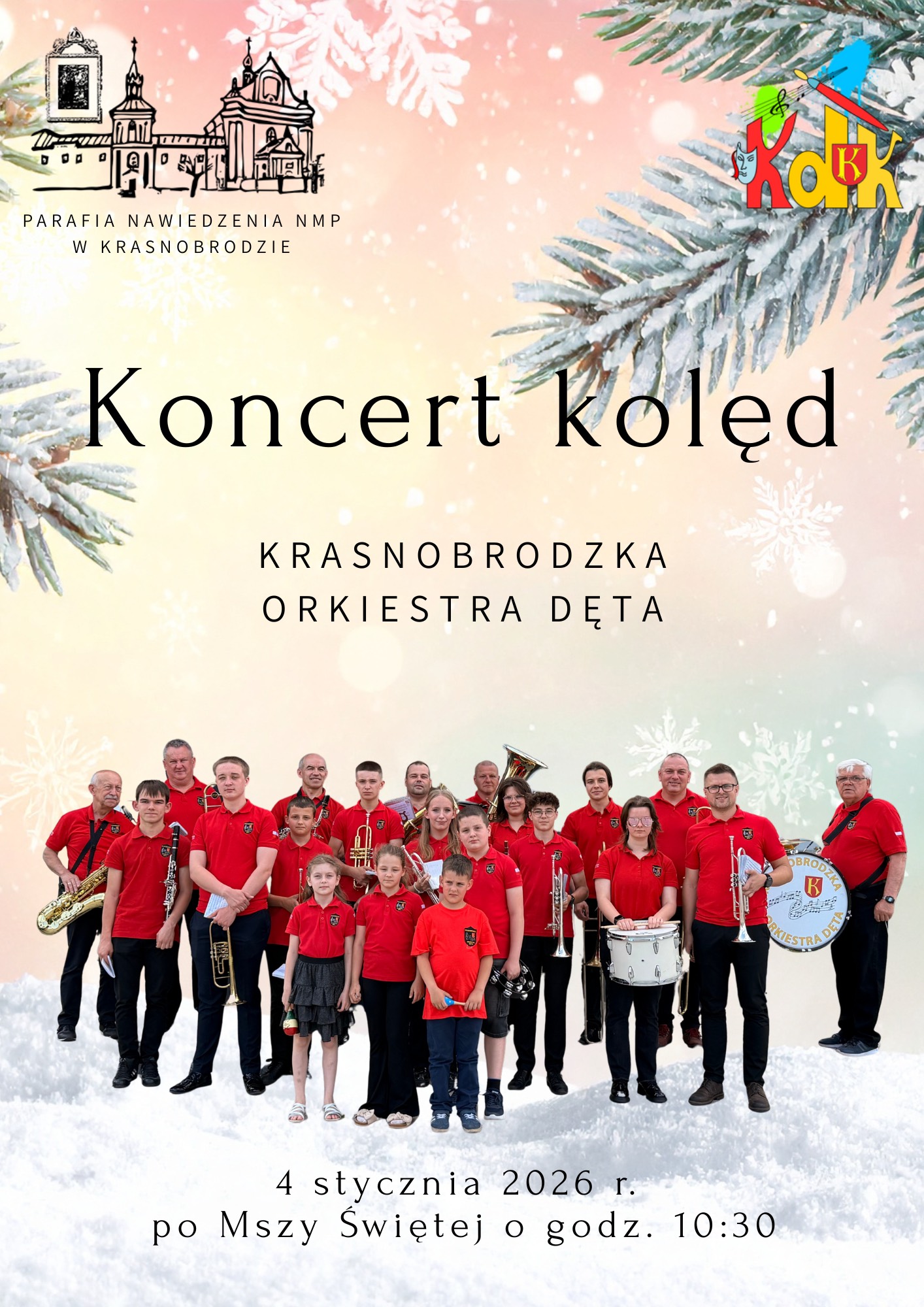 Plakat Koncert kolęd w wykonaniu Krasnobrodzkiej Orkiestry Dętej