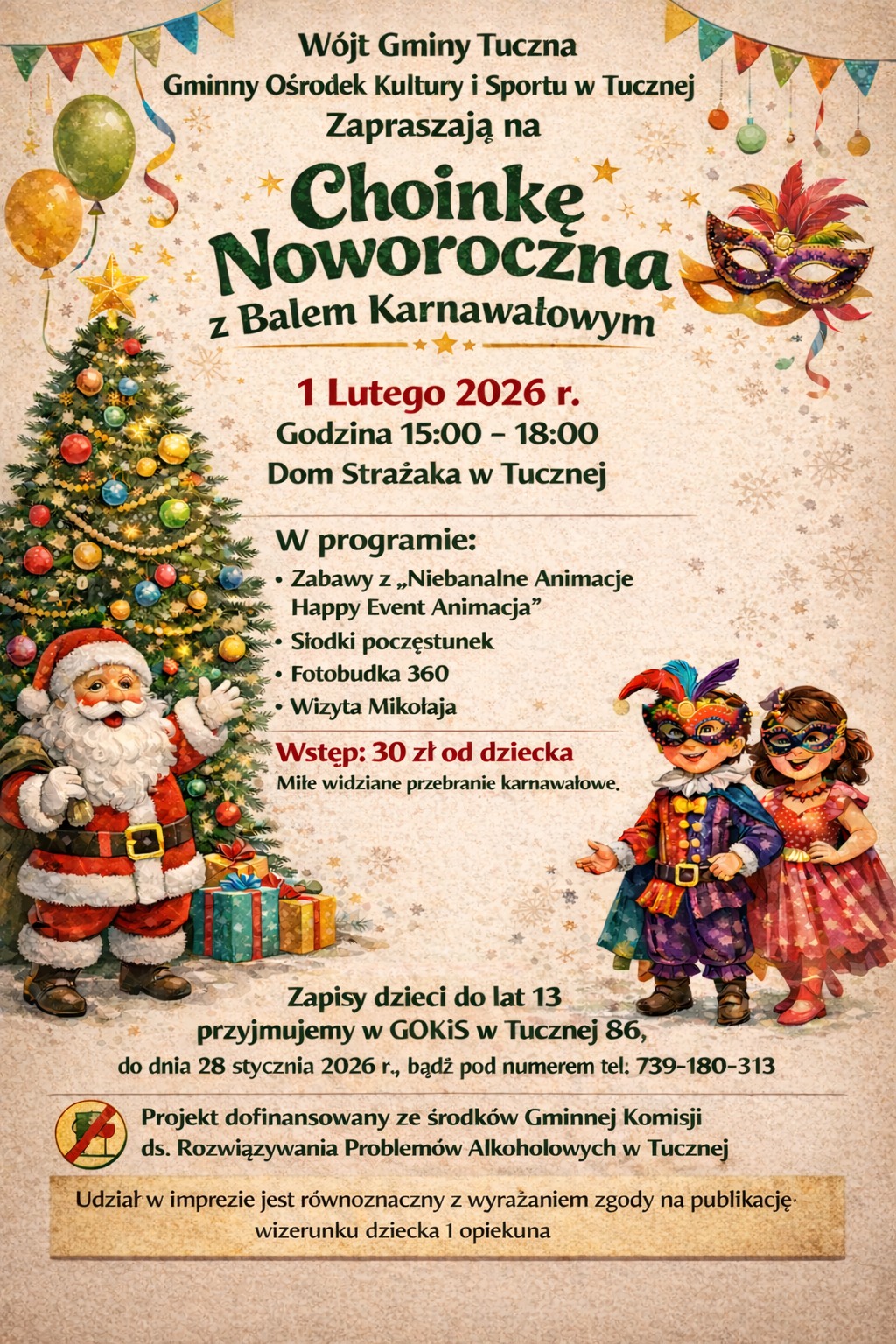 Plakat Choinka Noworoczna i Bal Karnawałowy dla Dzieci