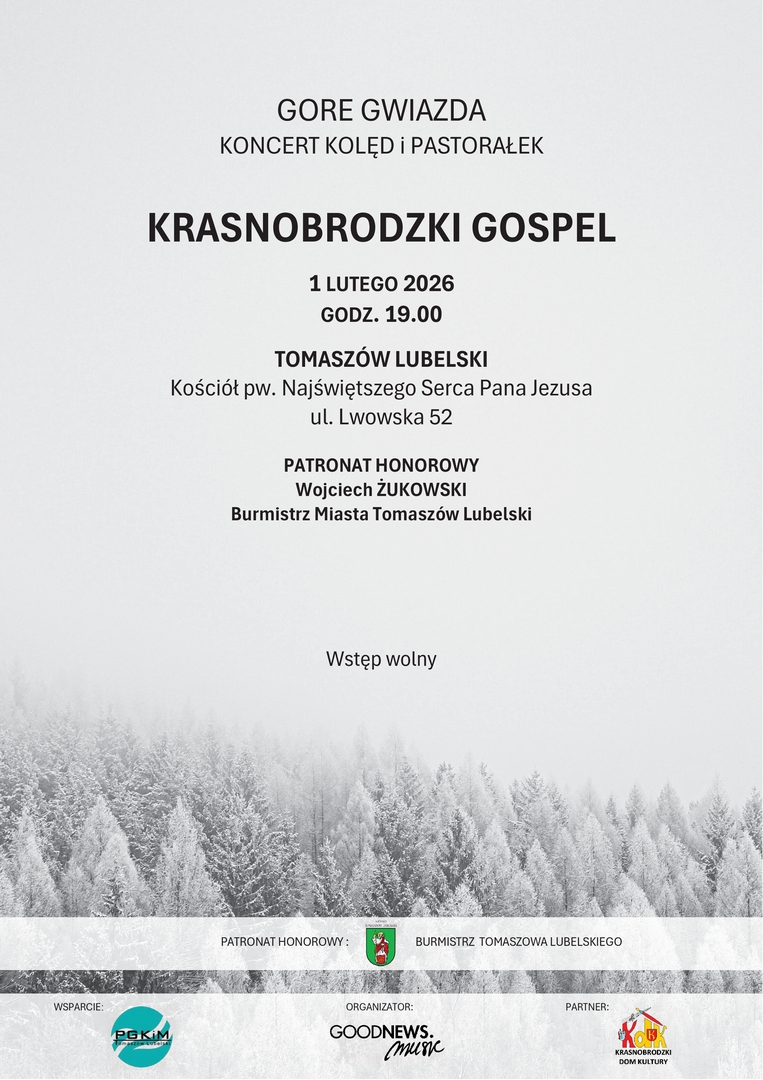 Plakat Koncert Kolęd i Pastorałek pod tytułem GORE GWIAZDA w wykonaniu chóru KRASNOBRODZKI GOSPEL