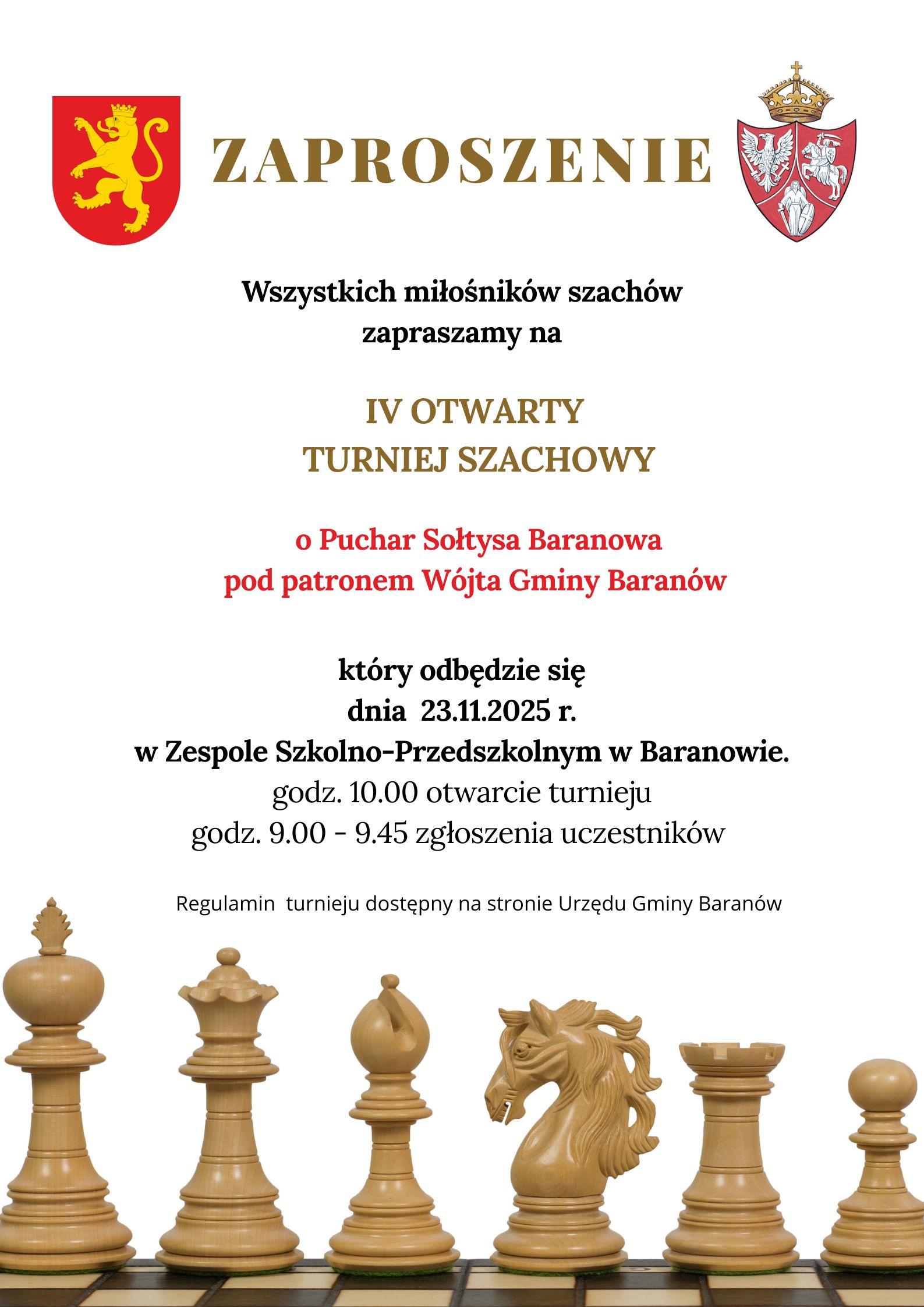 Plakat IV otwarty turniej szachowy o Puchar Sołtysa Baranowa pod patronatem Wójta Gminy Baranów