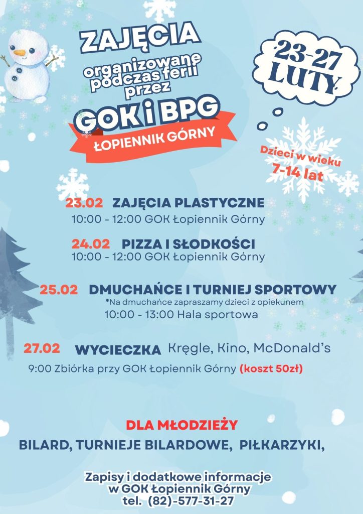 Plakat Ferie zimowe w Łopienniku Górnym