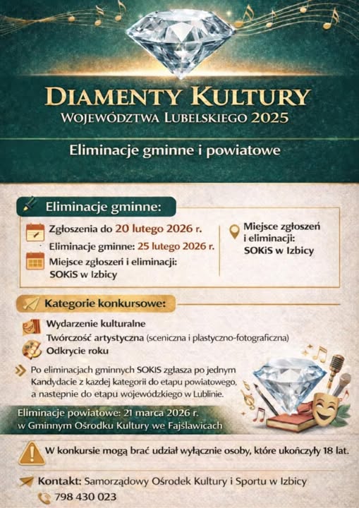 Plakat Eliminacje gminne „Diamenty Kultury Województwa Lubelskiego” w Izbicy