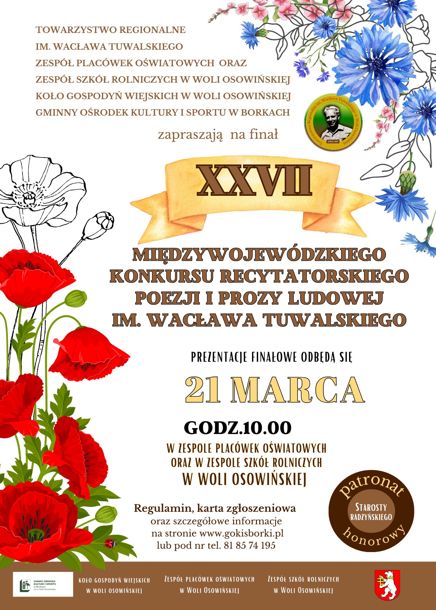Plakat XXVII Międzywojewódzki Konkurs Recytatorski Poezji i Prozy Ludowej im. Wacława Tuwalskiego w Woli Osowińskiej