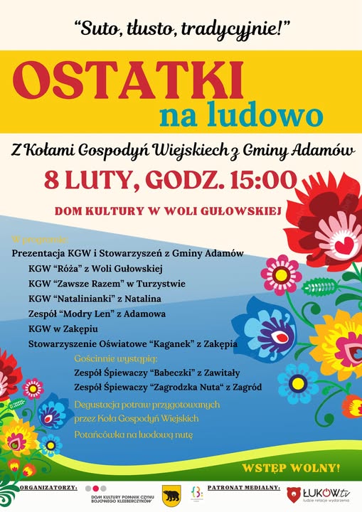 Plakat Ostatki na ludowo z Kołami Gospodyń Wiejskich z Gminy Adamów