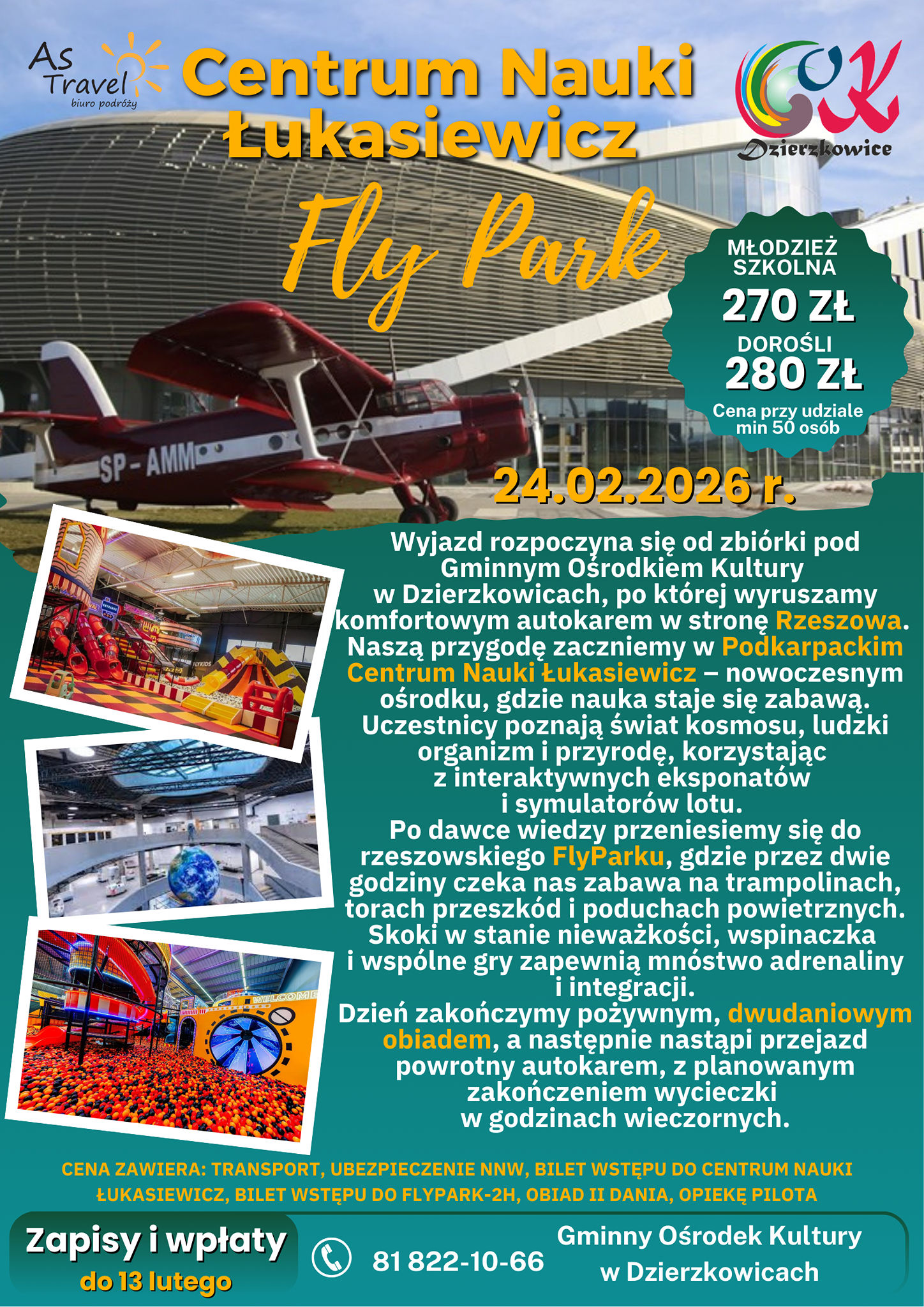 Plakat Ferie pełne wrażeń z Gminnym Ośrodkiem Kultury w Dzierzkowicach