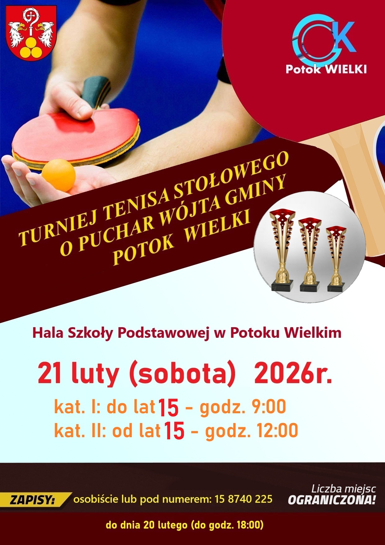Plakat Turniej Tenisa Stołowego o Puchar Wójta Gminy Potok Wielki