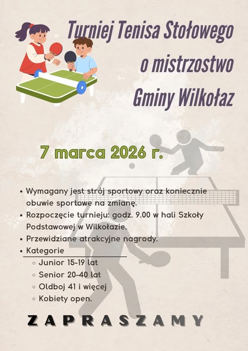 Plakat Turniej tenisa stołowego o mistrzostwo Gminy Wilkołaz