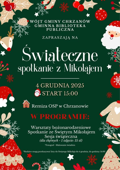 Plakat Świąteczne spotkanie z Mikołajem w Gminie Chrzanów
