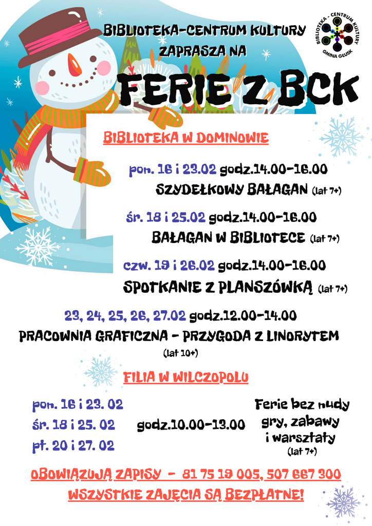 Plakat Ferie z Biblioteka - Centrum Kultury w gminie Głusk