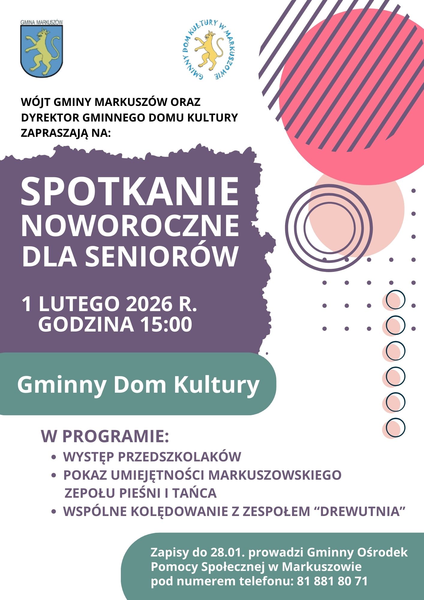 Plakat Spotkanie Noworoczne dla Seniorów w Markuszowie