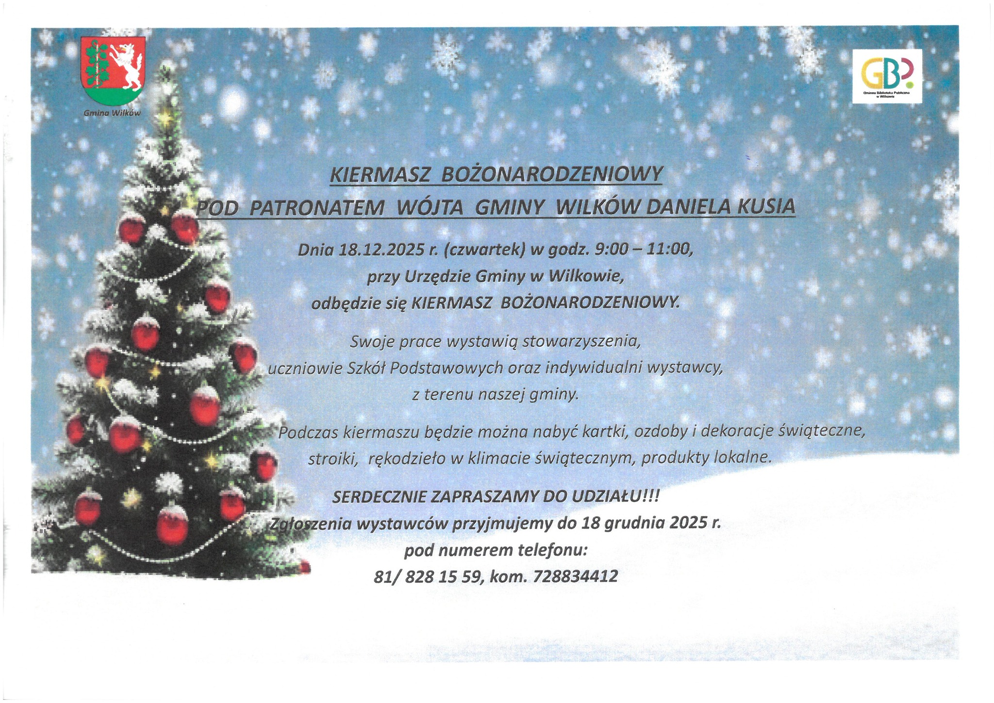 Plakat Kiermasz Bożonarodzeniowy w Wilkowie
