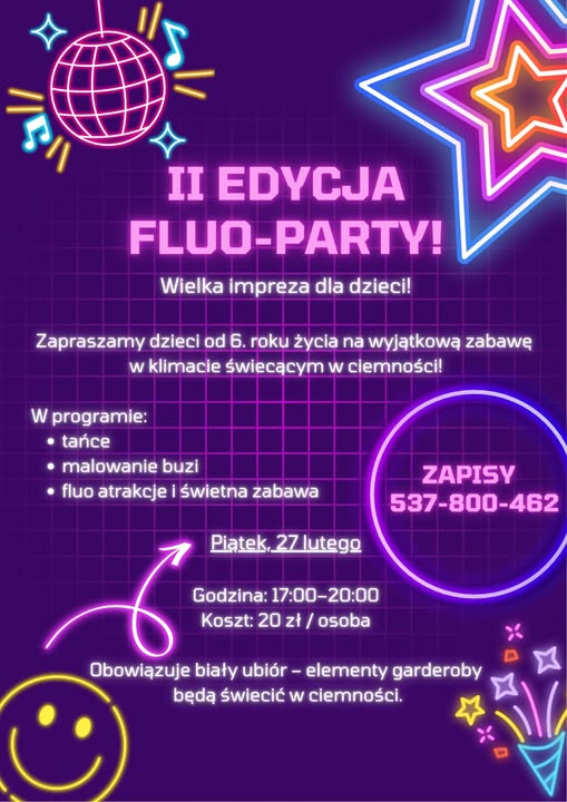Plakat Super Dyskoteka Fluo-Party dla Dzieci w Piaskach