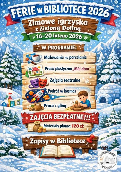 Plakat Ferie w Bibliotece Publicznej Gminy Rudnik