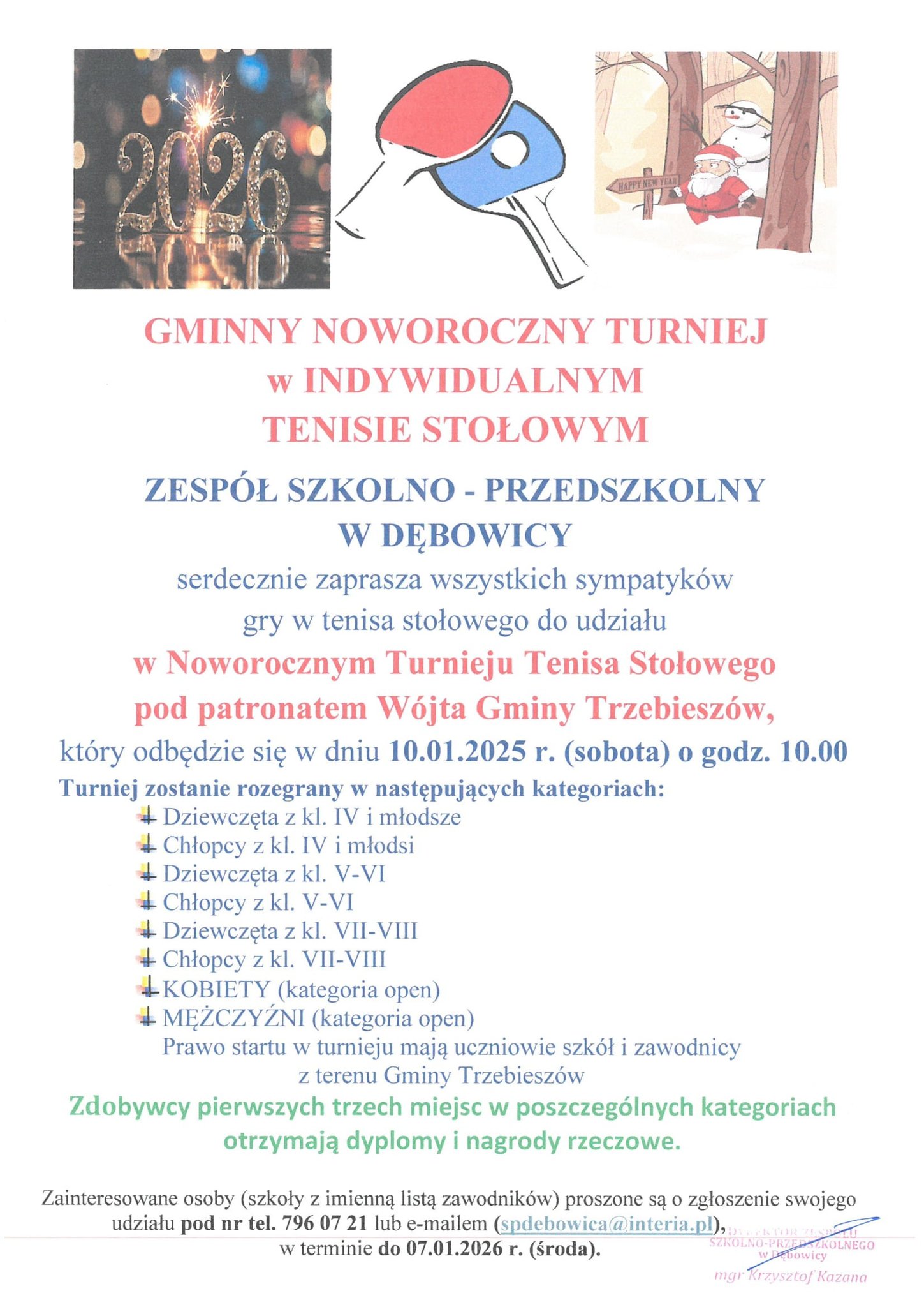 Plakat Gminny Noworoczny Turniej w Indywidualnym Tenisie Stołowym