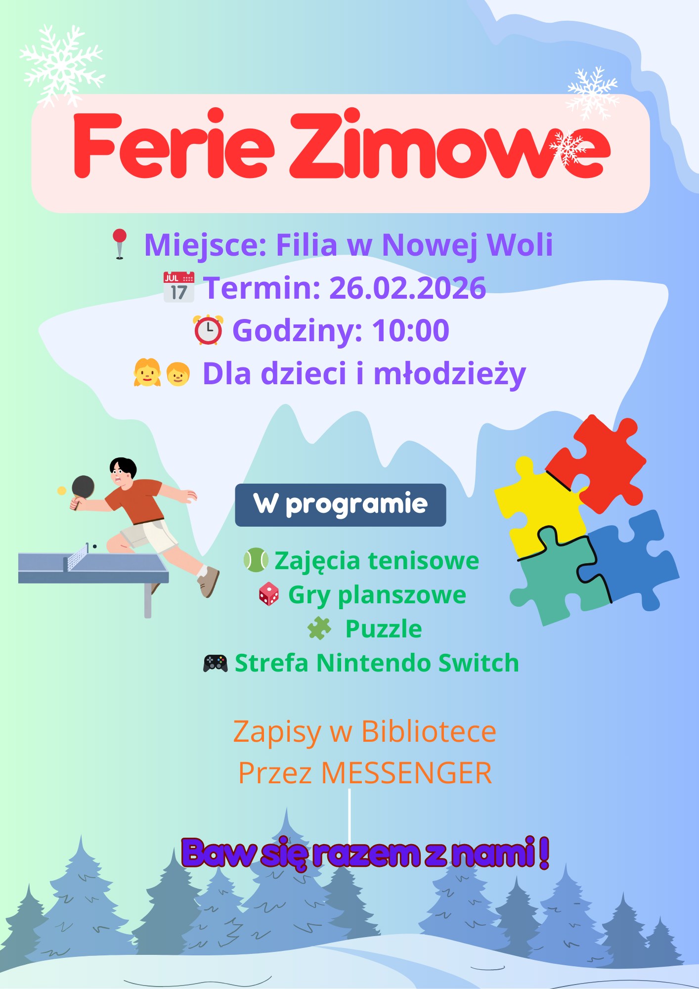 Plakat Ferie z Gminną Biblioteką w Sernikach