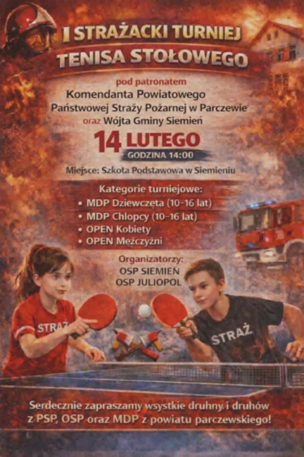 Plakat I Strażacki Turniej Tenisa Stołowego w Siemieniu