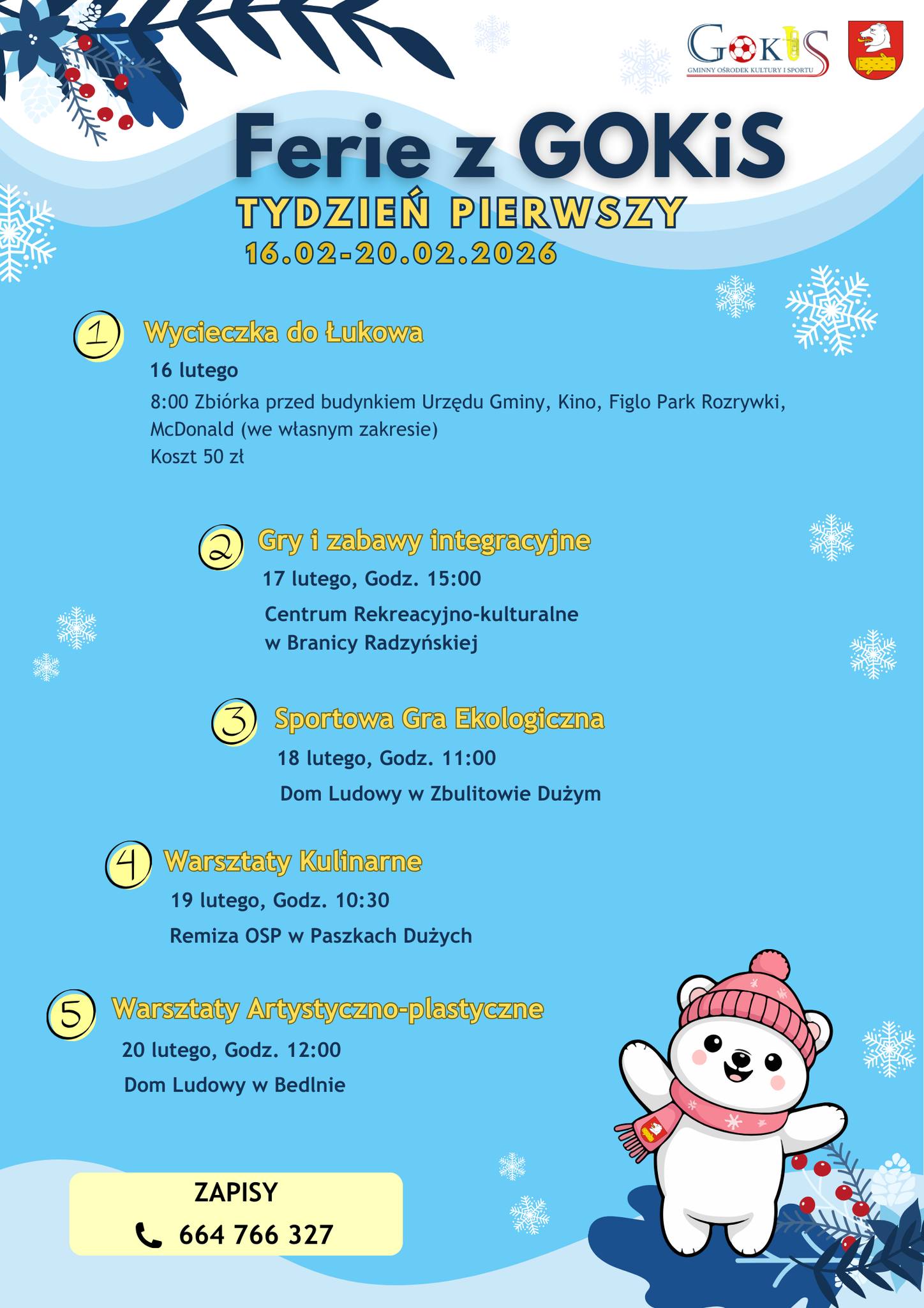 Plakat Ferie z Gminnym Ośrodkiem Kultury i Sportu w Radzyniu Podlaskim