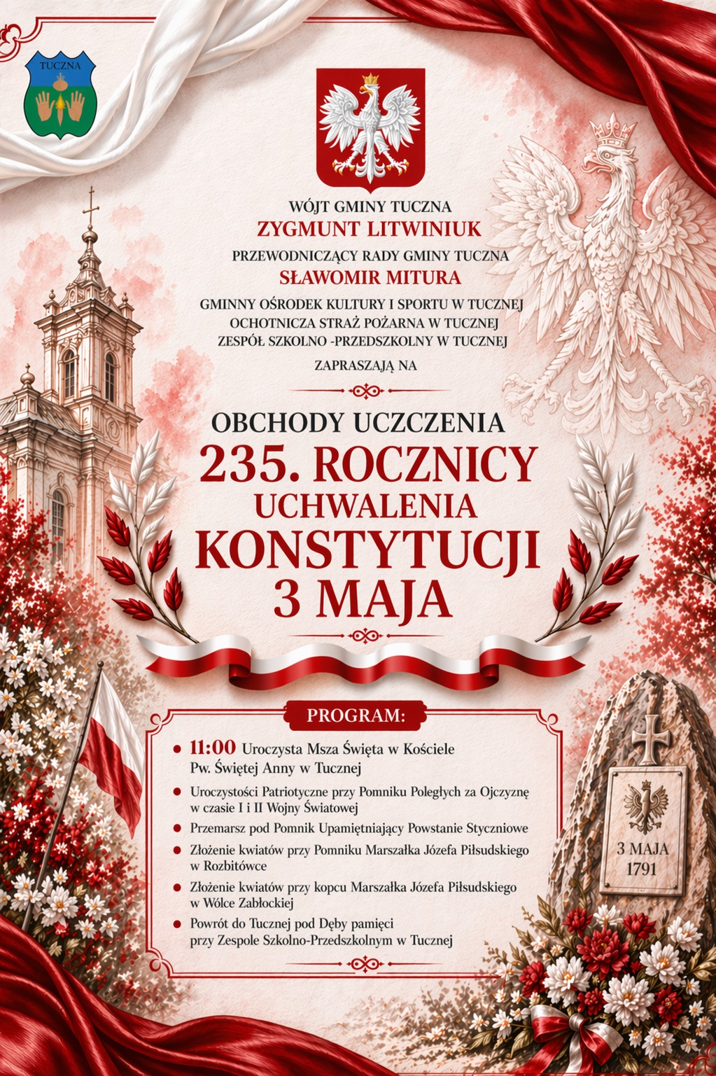 Plakat Obchody 235. rocznicy uchwalenia Konstytucji 3 Maja w Gminie Tuczna