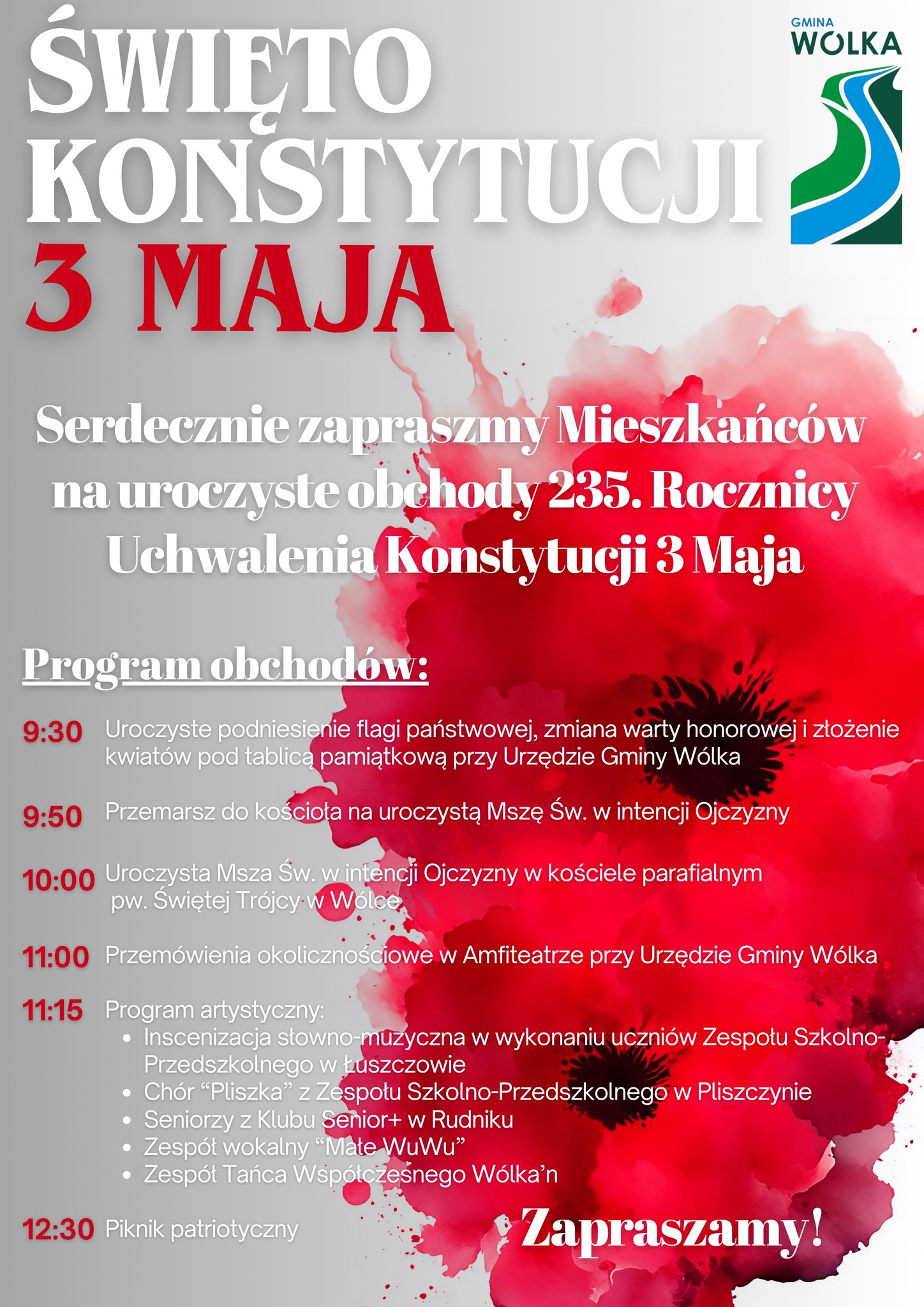 Plakat Obchody 235. rocznicy uchwalenia Konstytucji 3 Maja w Gminie Wólka