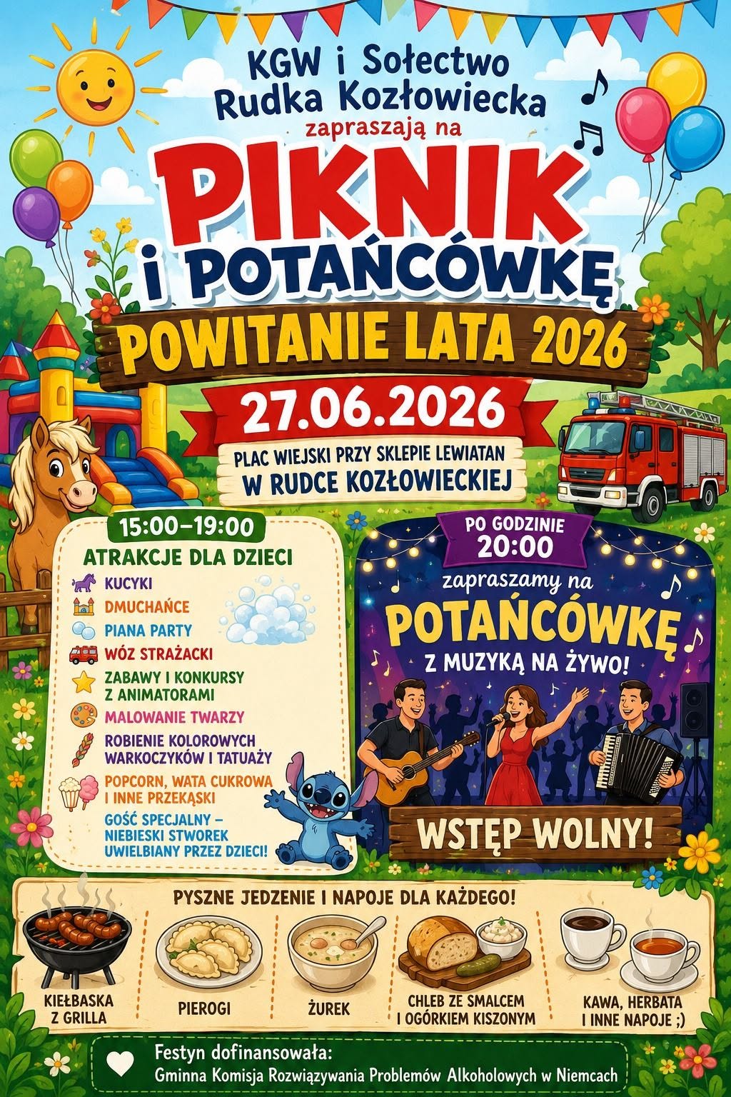 Plakat Piknik i Potańcówka -powitanie lata 2026 w w Rudce Kozłowieckiej